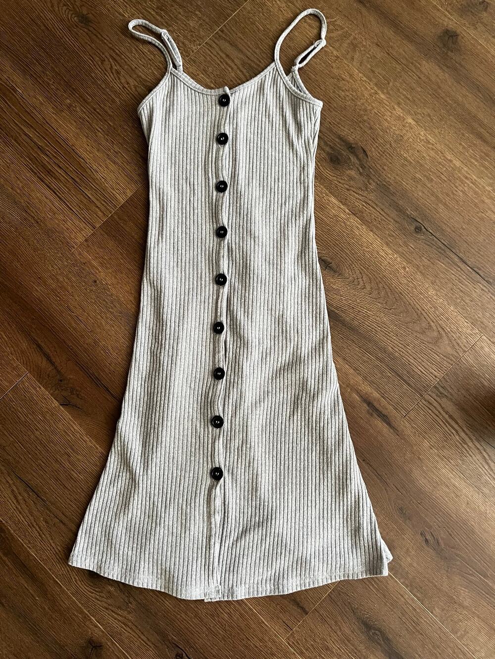 Oatmeal Gray Ribbed Button Front Midi Dress Adjustable Straps Small